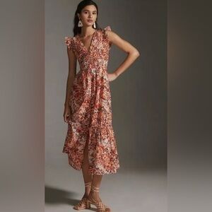 ANTHROPOLOGIE The peregrine dress in peach, pumpkin and rust colors, size medium